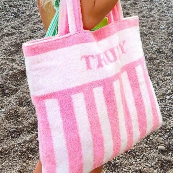 TRULY Handbags - TRULY Pink & White Terry Cloth Beach Bag Tote